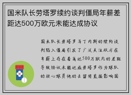 国米队长劳塔罗续约谈判僵局年薪差距达500万欧元未能达成协议